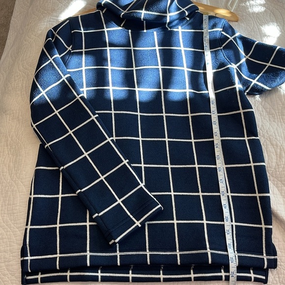 J Crew Funnel Neck Pullover Fleece Lined Windowpane Sweater Women's Small Navy - Picture 10 of 12
